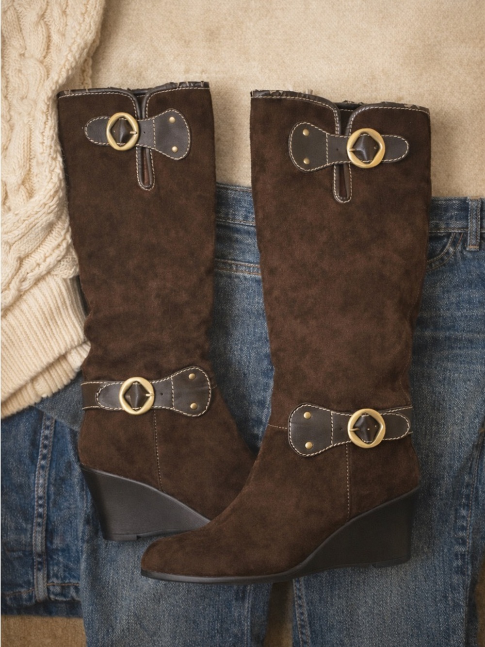 Aerosoles Brown Suede Wedge Knee High Boots Buckle Zip Size 8 Boho Preppy